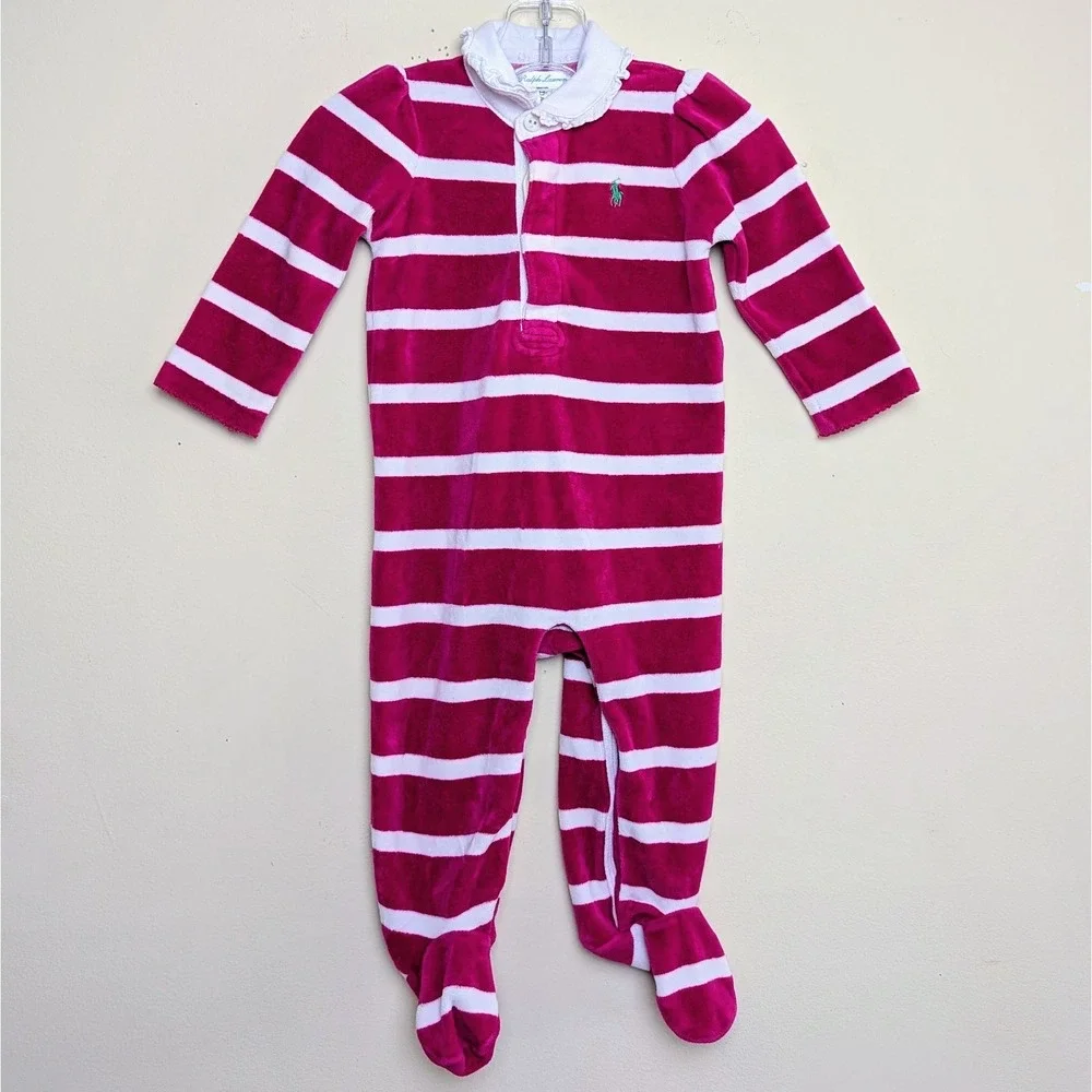 Polo Ralph Lauren Pink & White Striped Velour Footie One Piece Romper 9 Months